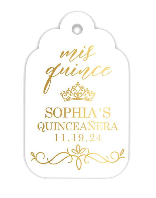 Personalized Quinceañera Favor Tags with String, Metallic Gold Ink, Classic Thank You Gift Tags with Custom Photo for Mis Quince Años, XV, 15th Birthday, Favor Gifts