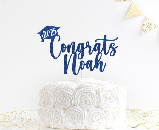 Personalized Graduation Cake Topper 2025 | Customised Grad Cap Decoration Gifts | Customized Commencement, Personalised Decor Class of 2025 | Blue Glitter