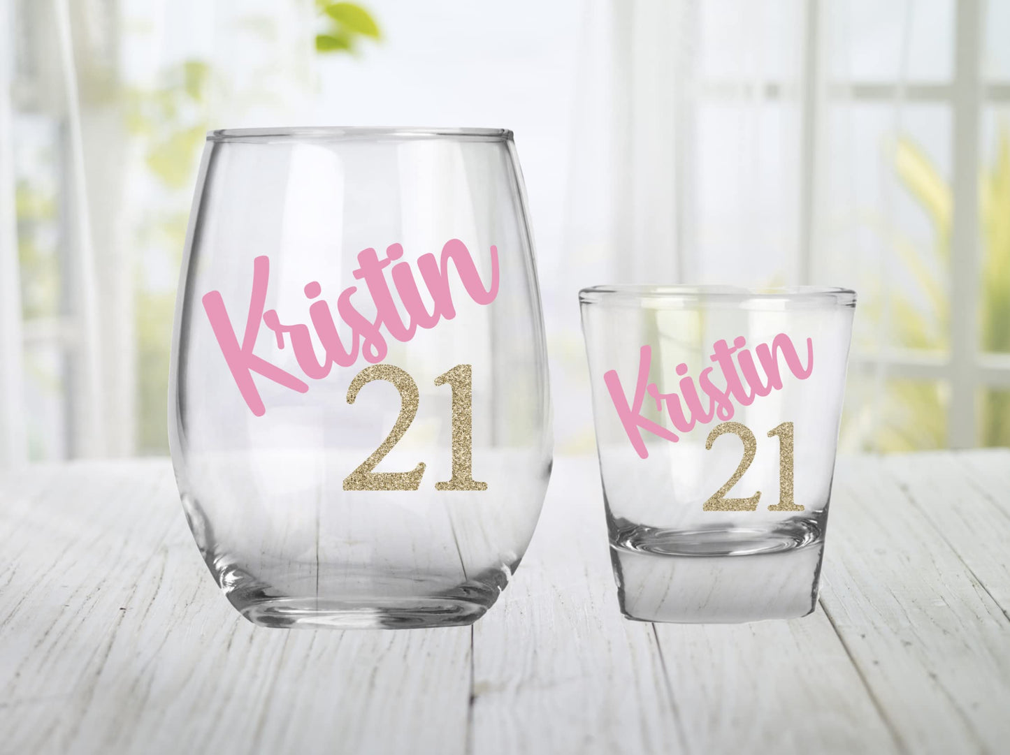 Personalized 21st Birthday Gift Set of 2 Glasses, Twenty First Birthday Present, Custom Name