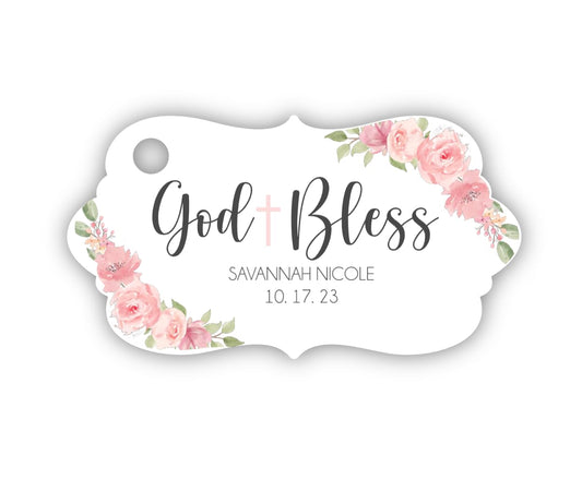 Floral Baptism Favor Tags Personalized Custom Baptism Christening Favor Tags labels God Bless Light Pink