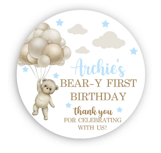 Bear 1st Birthday Stickers, First Birthday Boy Stickers, It's My Beary 1st Birthday Round Stickers, Mason Jar Stickers, Party Favors Gift Labels