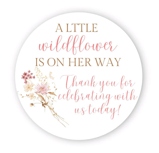 A Little Wildflower Is On Her Way Baby Shower Favor Stickers for Girls, Wildflower Baby Sprinkle Thank You Party Favor Labels, Round Favor Stickers
