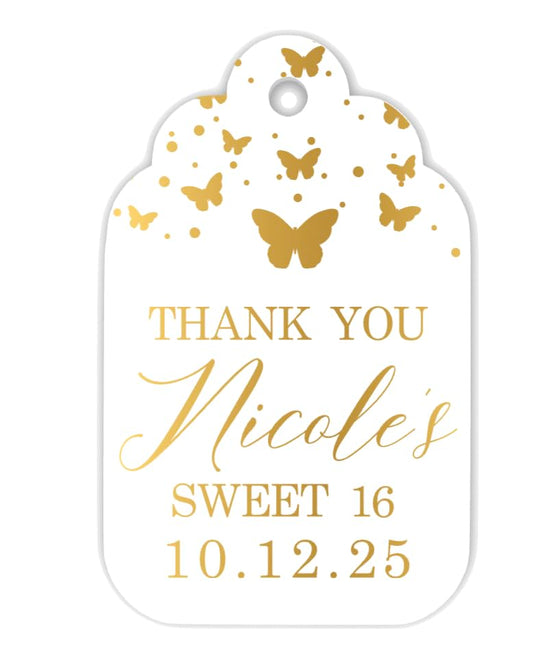Personalized Sweet 16 Favor Tags with String, Custom Butterfly Metallic Gold Thank You Gift Tags for Girls, Sweet Sixteen, 16th Birthday Party Decorations for her