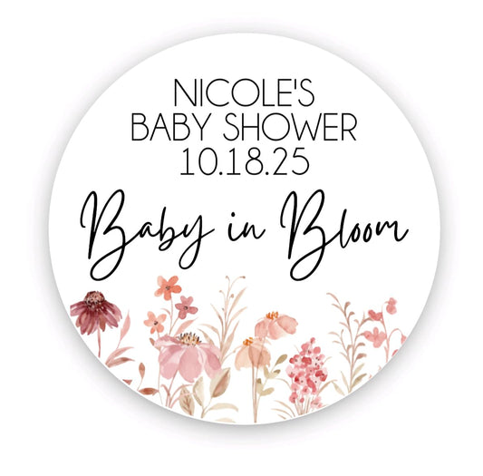 Baby in Bloom Baby Shower Favor Stickers for Girls, Wildflower Baby Sprinkle Thank You Party Favor Labels, Round Favor Stickers