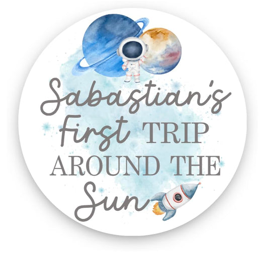 Personalized First Trip Around The Sun Theme Birthday Party Favor Labels, 1st Birthday Favor Labels