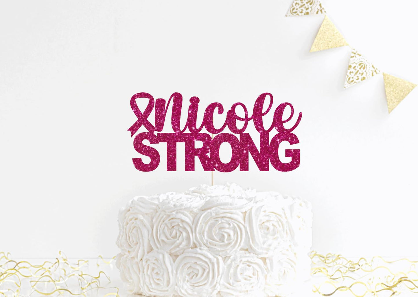 Personalized Name Cake Topper, Breast Cancer Awareness Cake Decor, Breast Cancer Pink Ribbon Sign Cancer Free Party Decoration Supplies Glitter