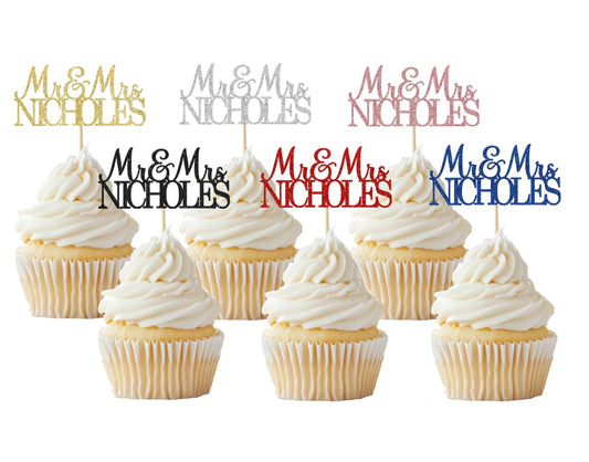 Personalized Wedding Cupcake Toppers, Custom Name, Engagement Party Decorations, Mr & Mrs Design, 18 Colors Available
