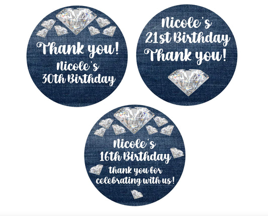 Denim And Diamonds Birthday Party Stickers Or Favor Tags, Denim & Diamonds Party