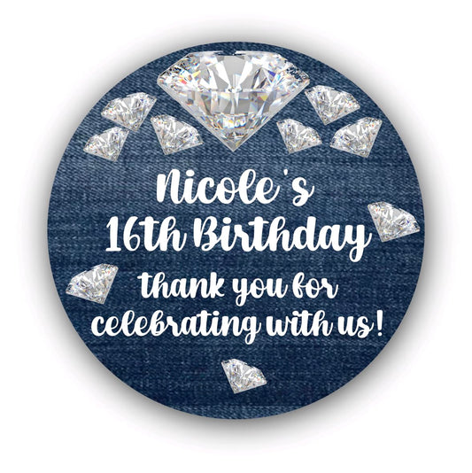 Denim And Diamonds Birthday Party Stickers Or Favor Tags, Denim & Diamonds Party