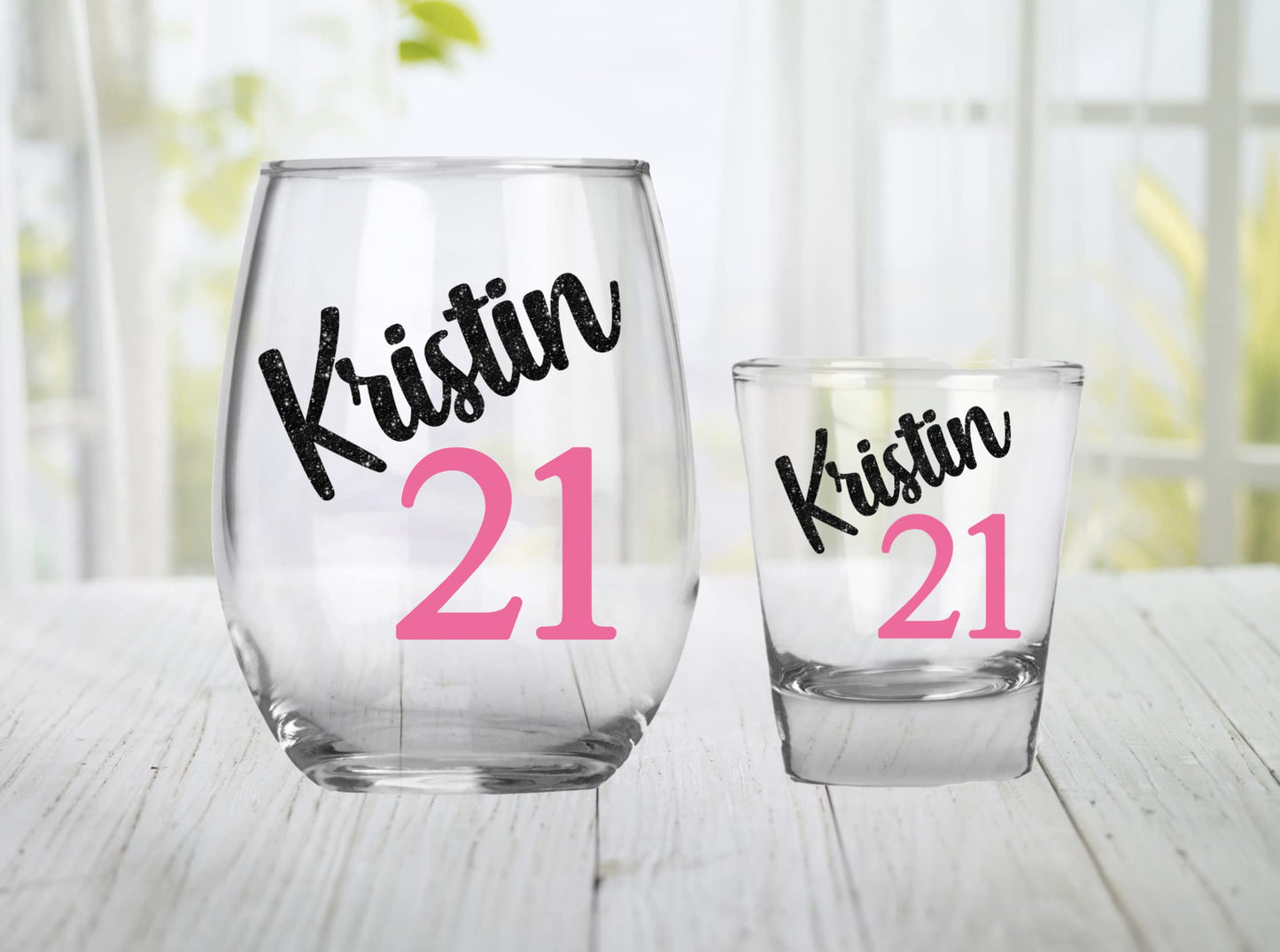 Personalized 21st Birthday Gift Set of 2 Glasses, Twenty First Birthday Present, Custom Name