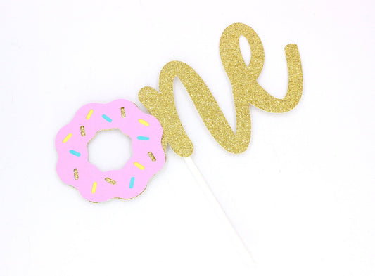 Donut One Gold Glitter Paper Birthday Cake Topper