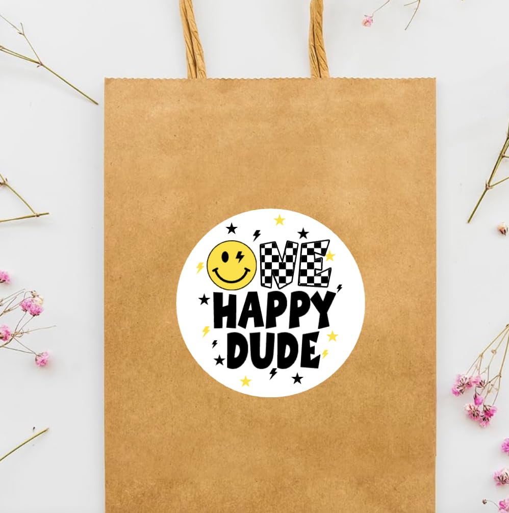 One Happy Dude Favor Stickers - Smiley Face One Birthday Party Decorations - One Cool Dude 1st Birthday Labels - 2 inch round