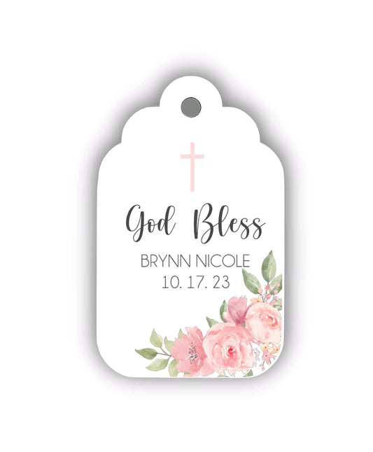 Floral Baptism Favor Tags Personalized Custom Baptism Christening Favor Tags labels God Bless Light Pink