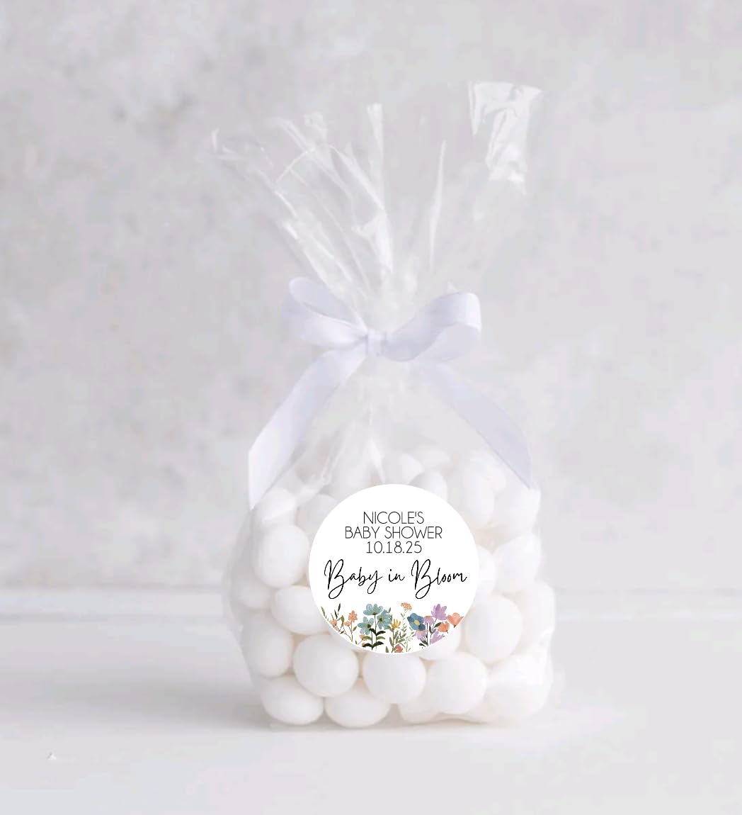 Baby in Bloom Baby Shower Favor Stickers for Girls, Wildflower Baby Sprinkle Thank You Party Favor Labels, Round Favor Stickers