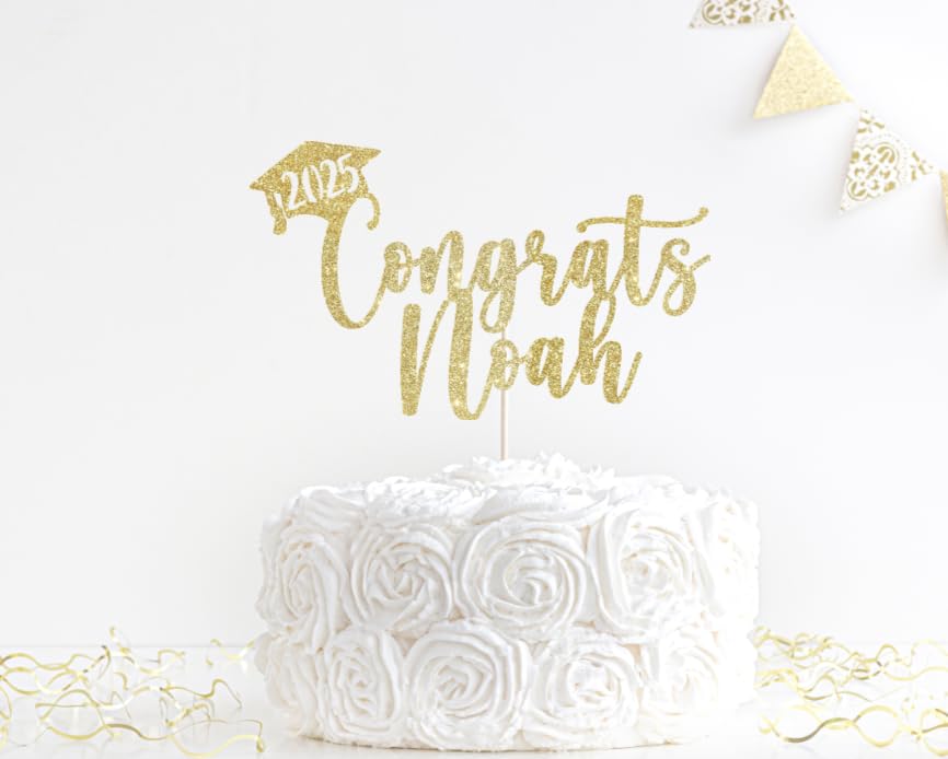 2025 Graduation Cake Topper, Gold Glitter Personalized Name Congrats Graduation Design, Party Decoration, 2 Sided glitter