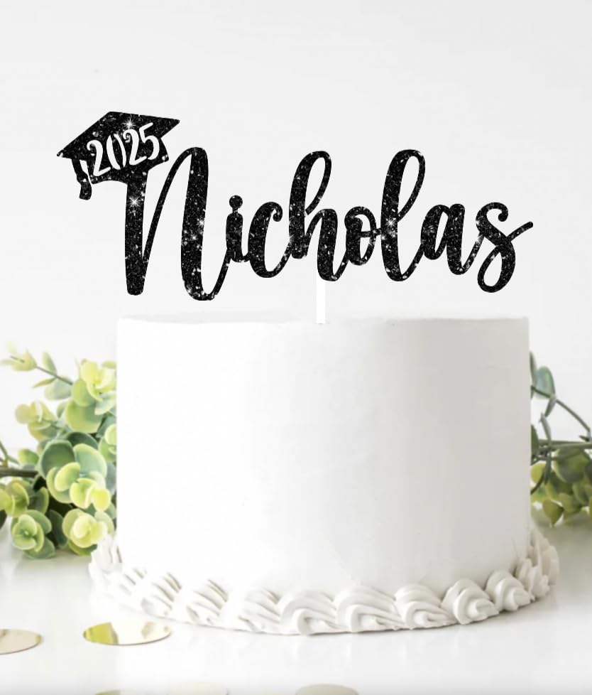 2025 Graduation Cake Topper, Gold Glitter Personalized Name Congrats Graduation Design, Party Decoration, 2 Sided glitter, Black