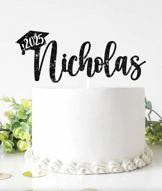 2025 Graduation Cake Topper, Gold Glitter Personalized Name Congrats Graduation Design, Party Decoration, 2 Sided glitter, Black