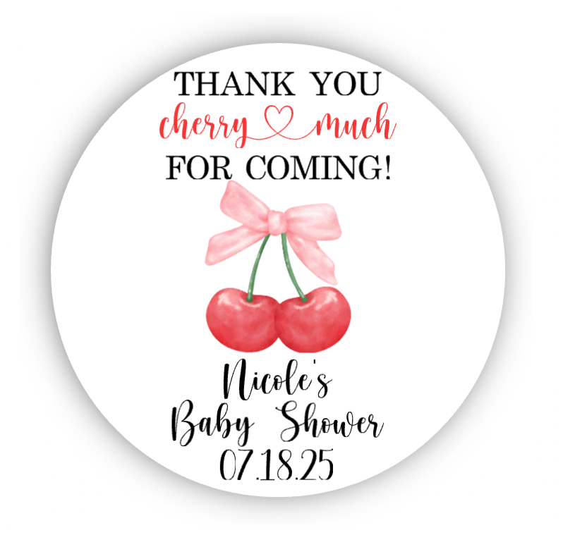 Personalized Cherry With Bow Thank You Favor Stickers, Baby Shower Decorations