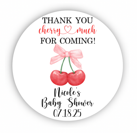 Personalized Cherry With Bow Thank You Favor Stickers, Baby Shower Decorations