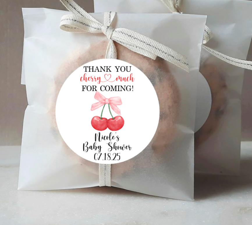Personalized Cherry With Bow Thank You Favor Stickers, Baby Shower Decorations