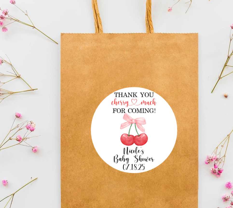Personalized Cherry With Bow Thank You Favor Stickers, Baby Shower Decorations