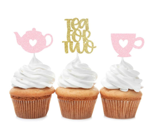 Tea For Two Cupcake Toppers, Tea Party, Second Birthday, Glitter Tea Party Decorations