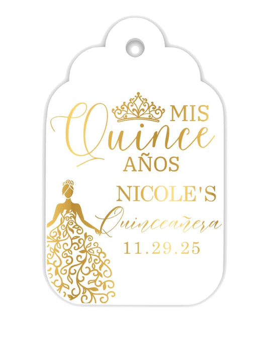 Personalized Quinceañera Favor Tags with String, Metallic Gold Ink, Classic Thank You Gift Tags with Custom Photo for Mis Quince Años, XV, 15th Birthday, Favor Gifts