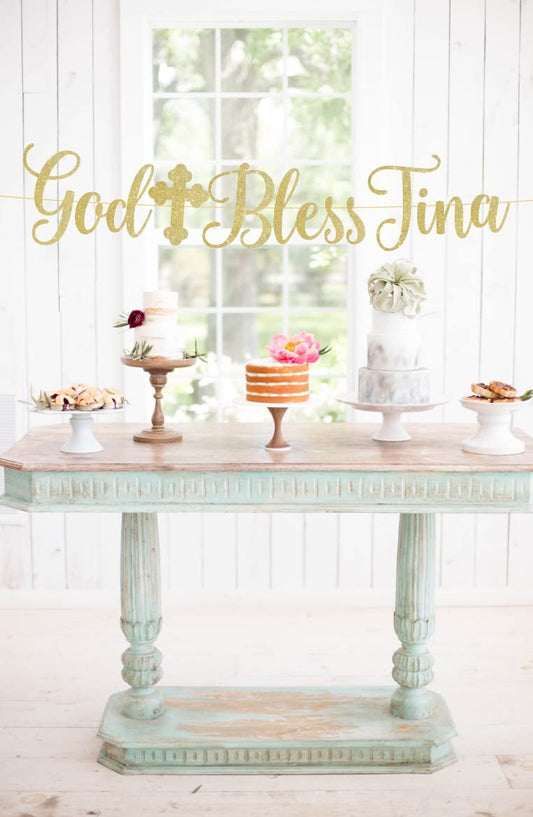 Baptism Banner, Personalized God Bless Banner, Glitter Baptism Sign, 1st Communion, 18 Colors to Choose From