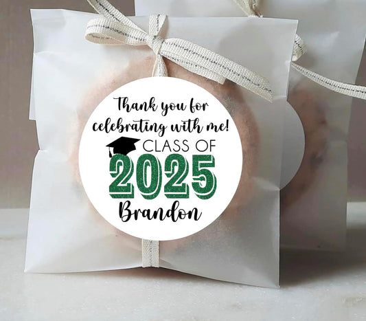 Graduation Party Favor Labels, Graduation Party Favor Stickers, Custom Graduation Party Favor Labels, Class of 2025 (Green)