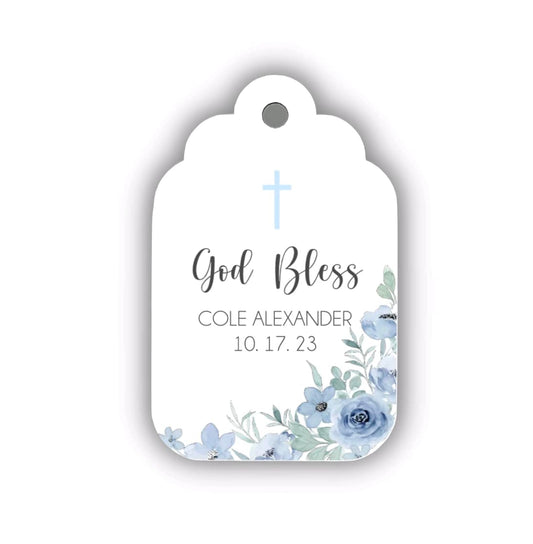 Floral Baptism Favor Tags Personalized Custom Baptism Christening Favor Tags labels God Bless Light Blue