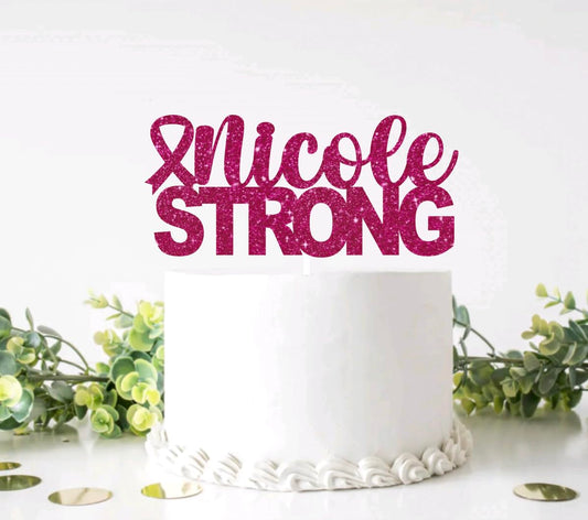 Personalized Name Cake Topper, Breast Cancer Awareness Cake Decor, Breast Cancer Pink Ribbon Sign Cancer Free Party Decoration Supplies Glitter