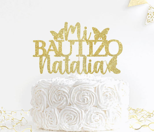 Spanish Mi Bautizo Cake Topper Glitter Cross First Holy Communion Baptism Cake Pick Religious God Bless Baptism Cake Decoration for Baby Shower Birthday Party Supplies Butterfly