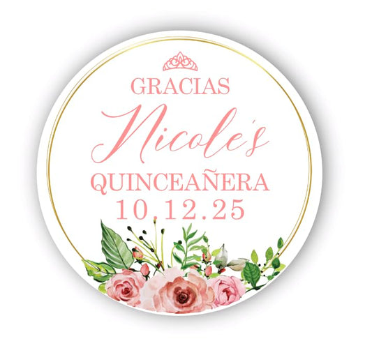 Personalized Round Circle Quinceañera Labels, Mis Quince Años Sticker Labels with Custom Name for Quince Favors Invitations XV, 15th Birthday, Quinceanera Decorations