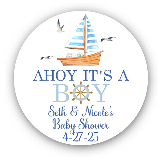 AHOY Nautical Baby Shower -Sticker for Shower - Boy Baby Shower - Nautical baby shower labels - Ahoy its a BOY - Sailboat Sailor - nautical labels for favors