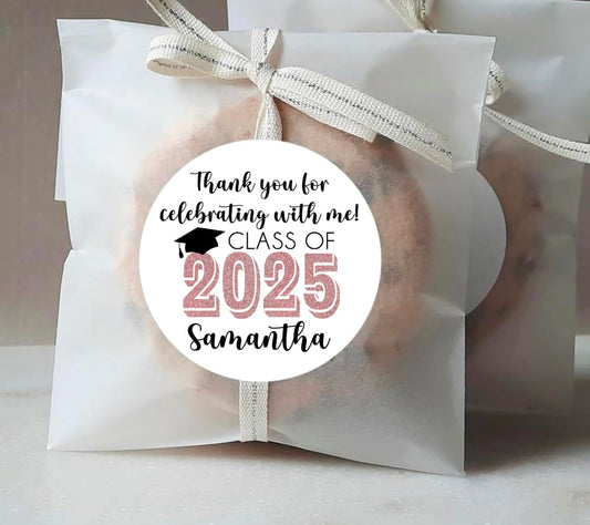 Graduation Party Favor Labels, Graduation Party Favor Stickers, Custom Graduation Party Favor Labels, Class of 2025 (Rose Gold)