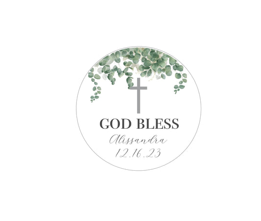 Greenery Personalized Custom Baptism Christening Favor Sticker Labels God Bless