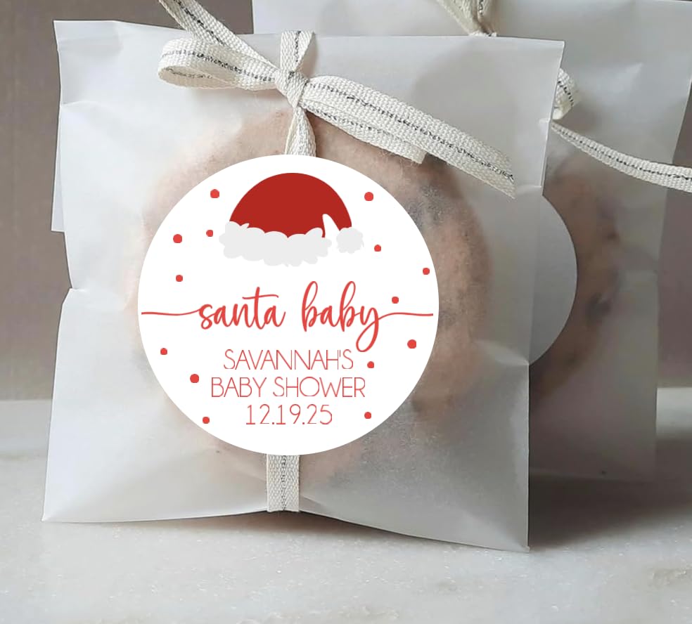 Santa Baby Favor Stickers, Baby Shower Thank You Stickers, Labels, Winter, Christmas Gender Reveal
