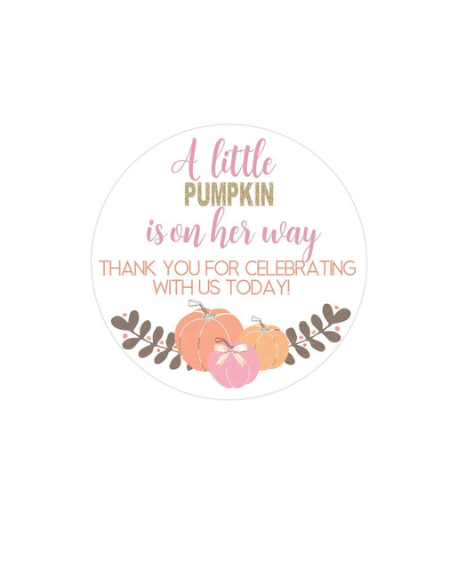 A little pumpkin is on her way baby shower treat bag sticker - thank you sticker - fall baby shower sticker - pumpkin treat bag sticker